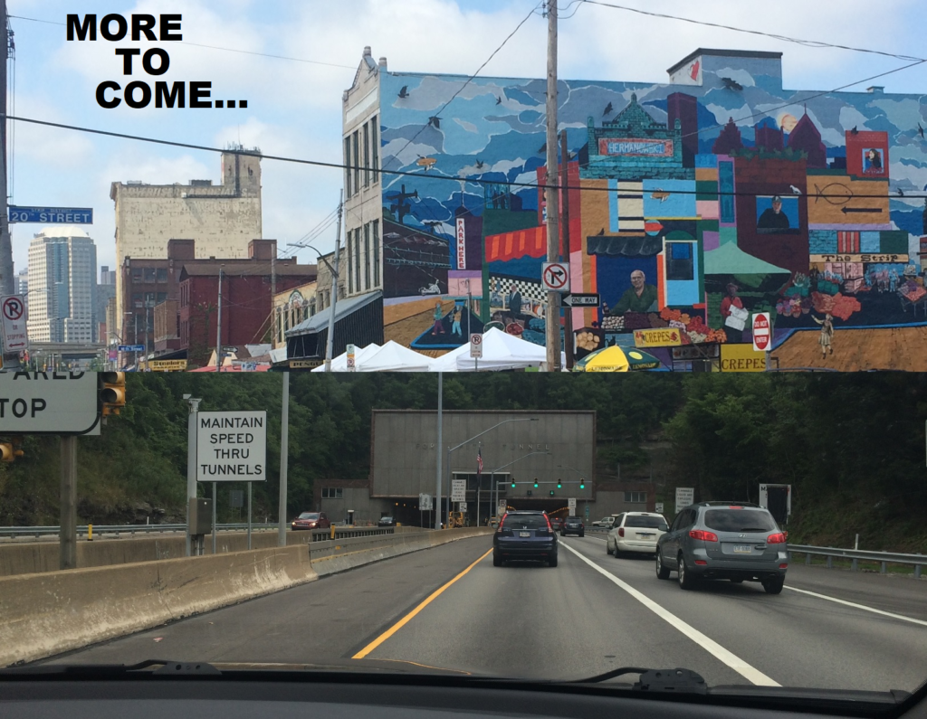 a pittsburgh tunnel somehow leads directly into the skyline of the strip district, through very clever editing in mspaint.  "MORE TO COME" is expressed.